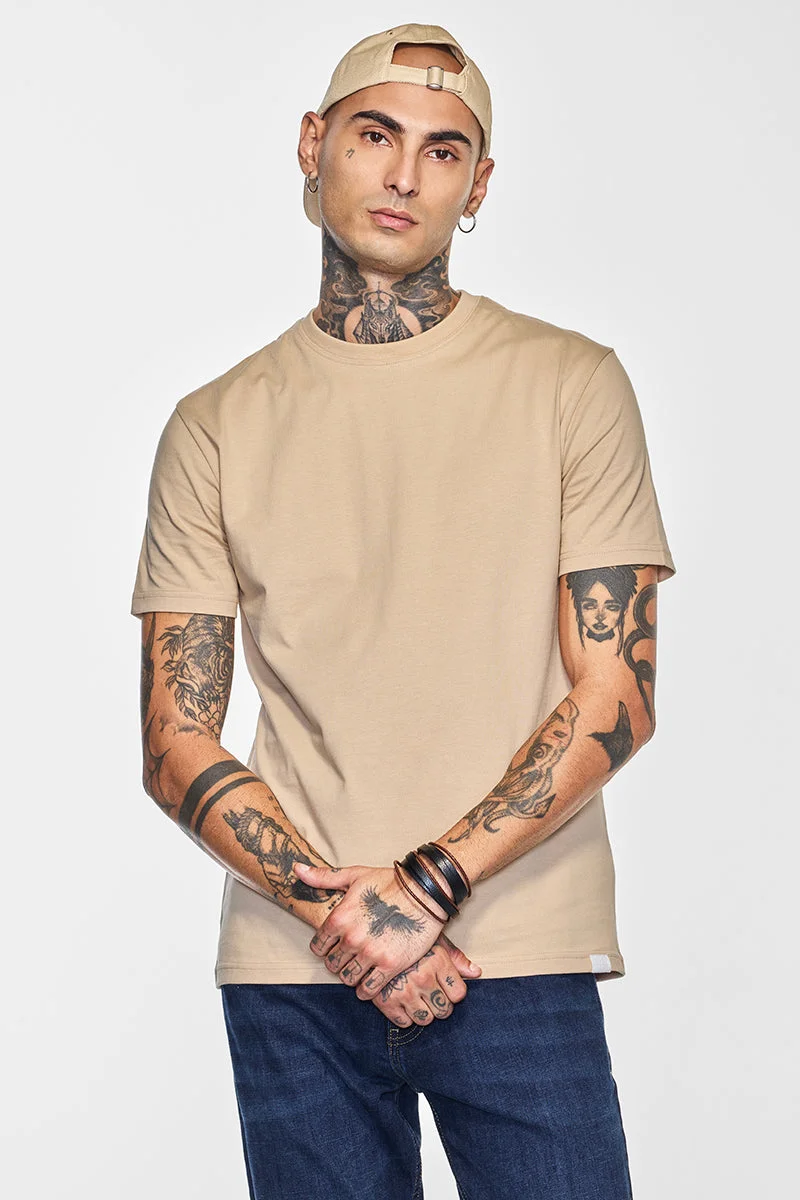SNITCH Core Lab Beige Solid Regular Fit T-Shirt